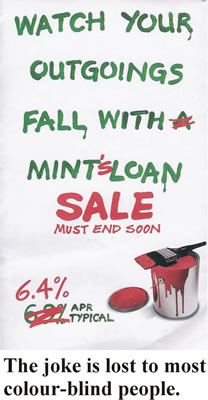 The joke is lost to most colour-blind people because the red and green text looks the same